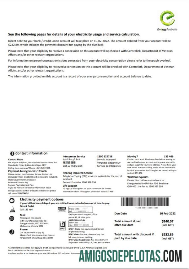 para download Modelo de conta de serviços públicos de eletricidade da Australia Energy Australia em formato Word e PDF, 3 páginas 3